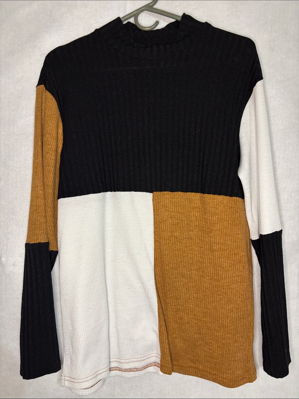 Tickled Teal Colorblock Ribbed Knit Sweater - Black, White & Brownish Orange